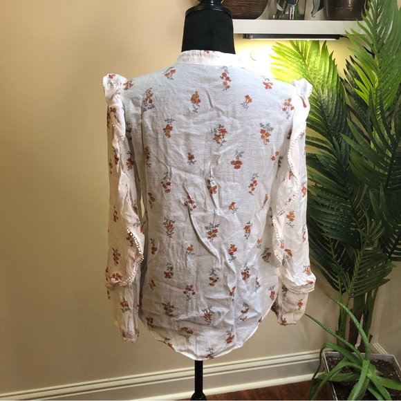 Ann Taylor Floral Linen Long Sleeve High-neck Ruffle Ivory Blouse Oversized XS - Picture 7 of 8